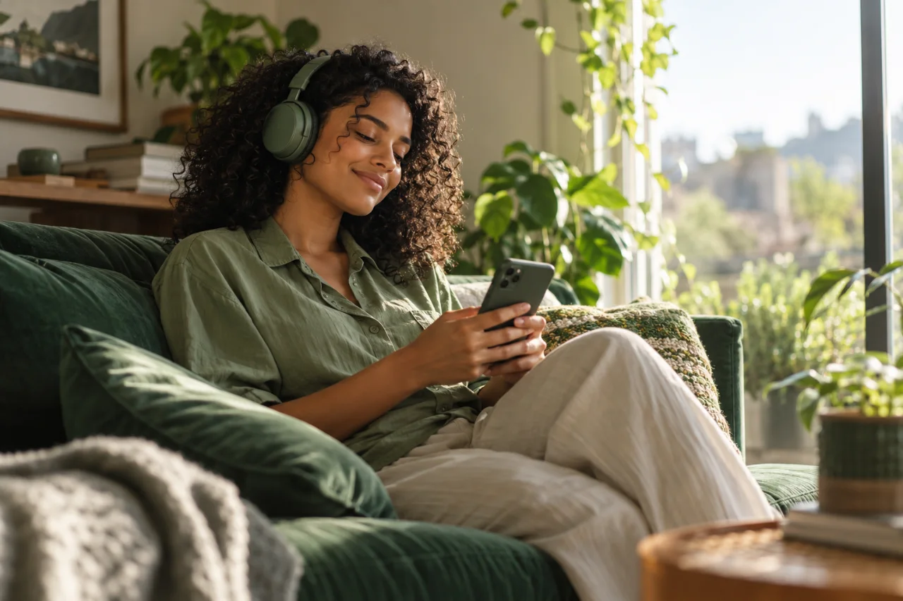 Cena fictícia de uma mulher com fones de ouvido, relaxando ao lado de uma janela